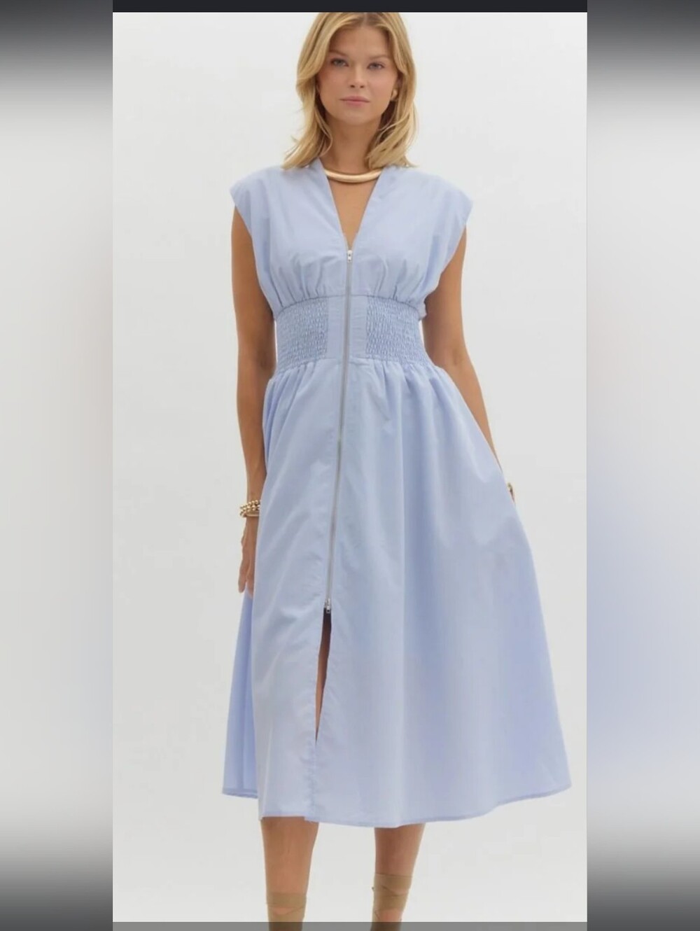 entro Pale Blue Smocked-Waist Midi Maxi Dress with Front Zip